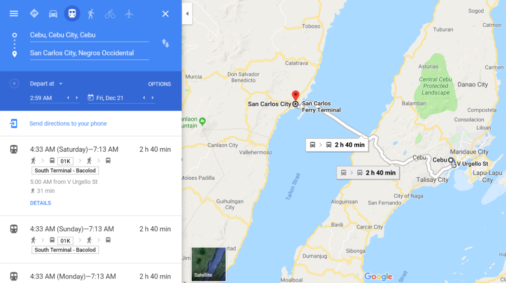 Google Maps from Cebu to Negros Occidental in the Philippines