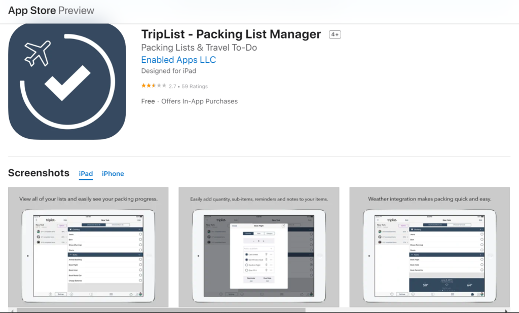 Screenshot of the travel app TripList